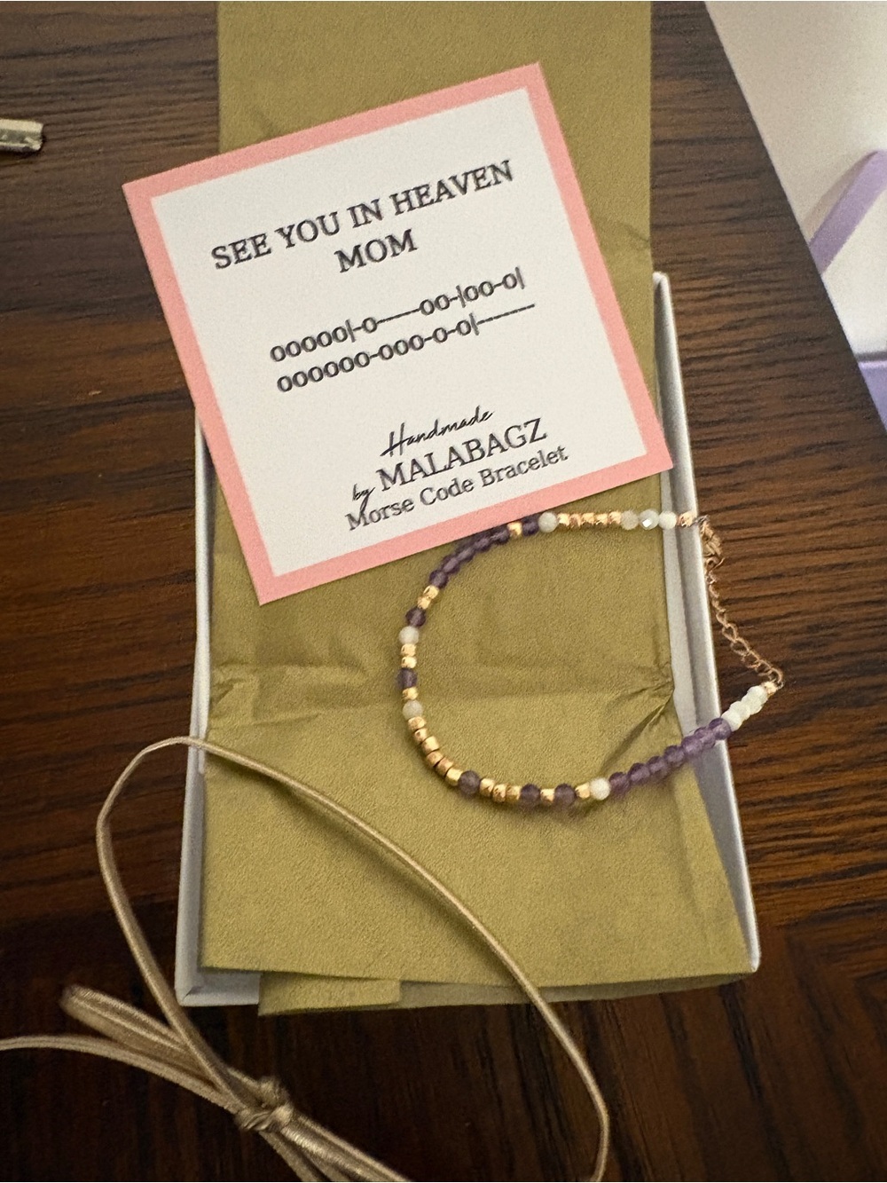 Malabgz Purple & Gold Morse Code Bracelet - 'See You In Heaven Mom'